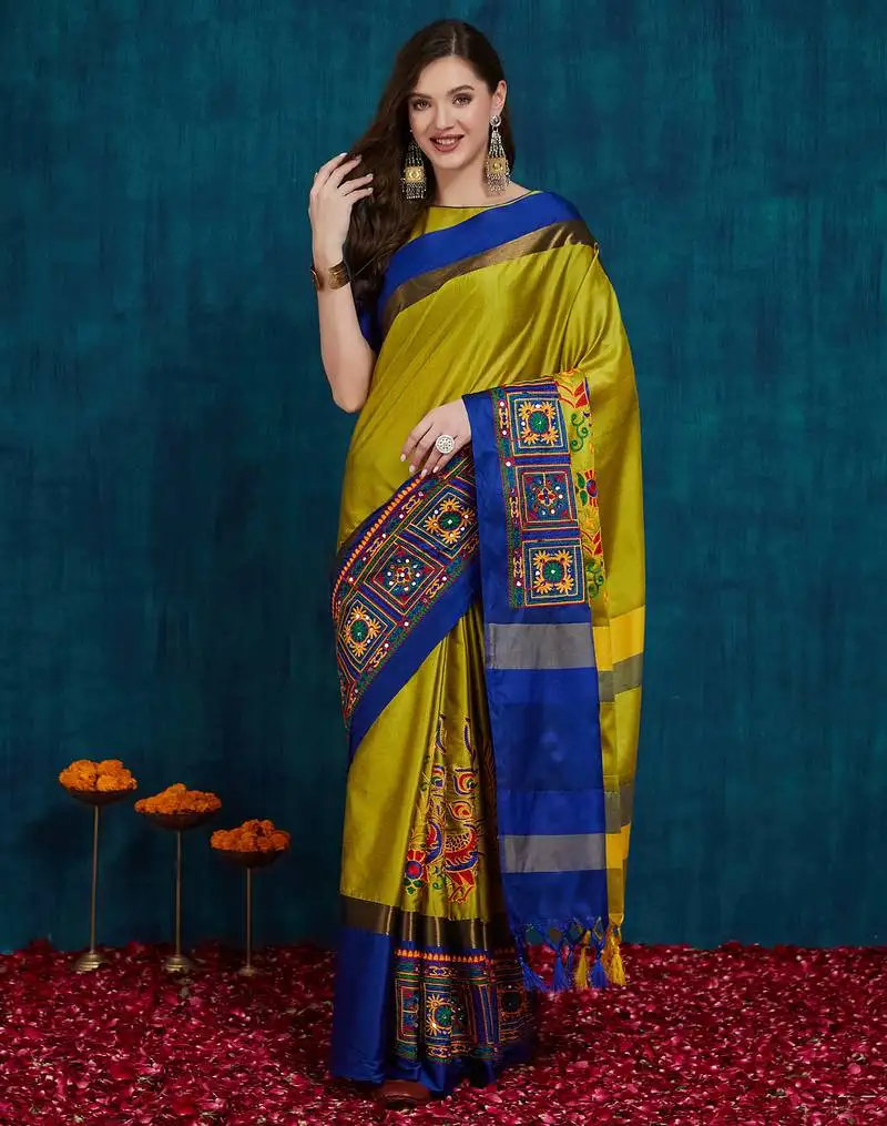 Olive cotton silk kutchi work saree with unstitched blouse
