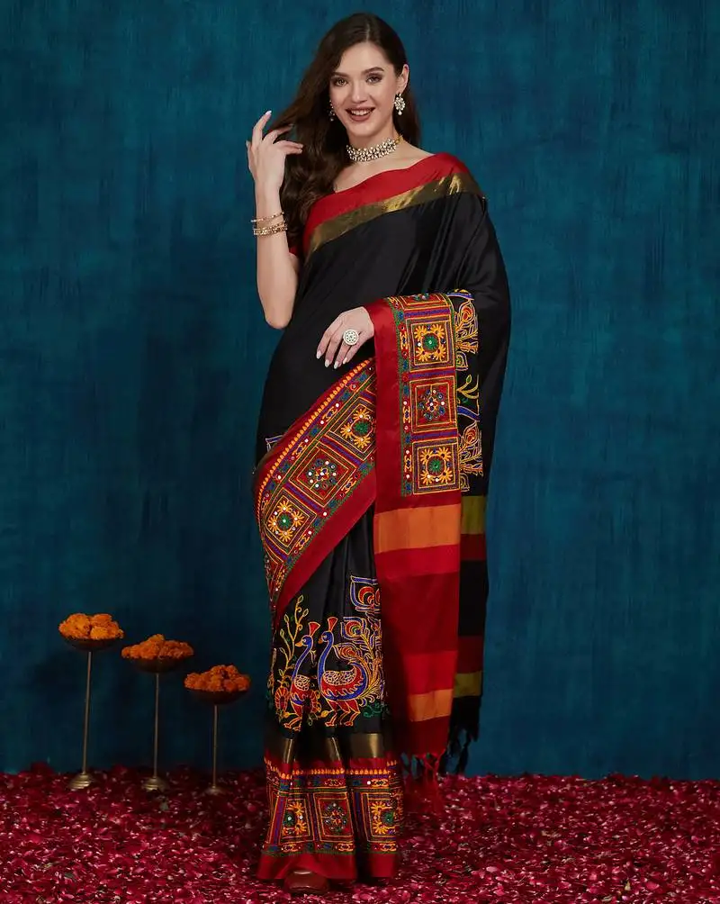Black cotton silk kutchi work saree with unstitched blouse