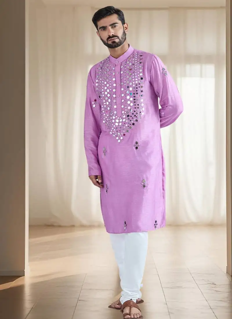 Purple mirror embroidery silk kurta sets for men's