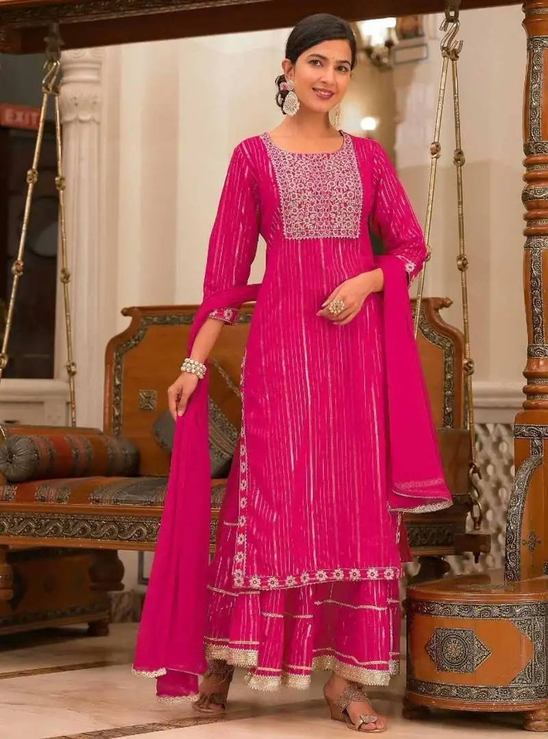 Pink cotton stiched sharara suit with dupatta zari embroidry in yoke and border & lace work in sharara stitched