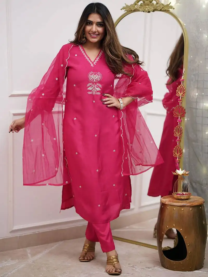 Rani pink viscose chanderi heavy thread embroidery sequins work kurta pant set