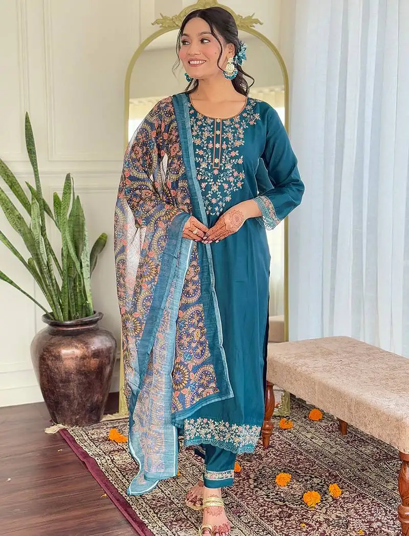 Teal viscose chanderi heavy thread embroidery work with printed dupatta kurta pant set