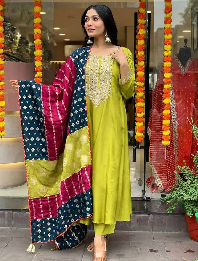 Lemon viscose chanderi heavy thread embroidery work with jacquard dupatta kurta pant set