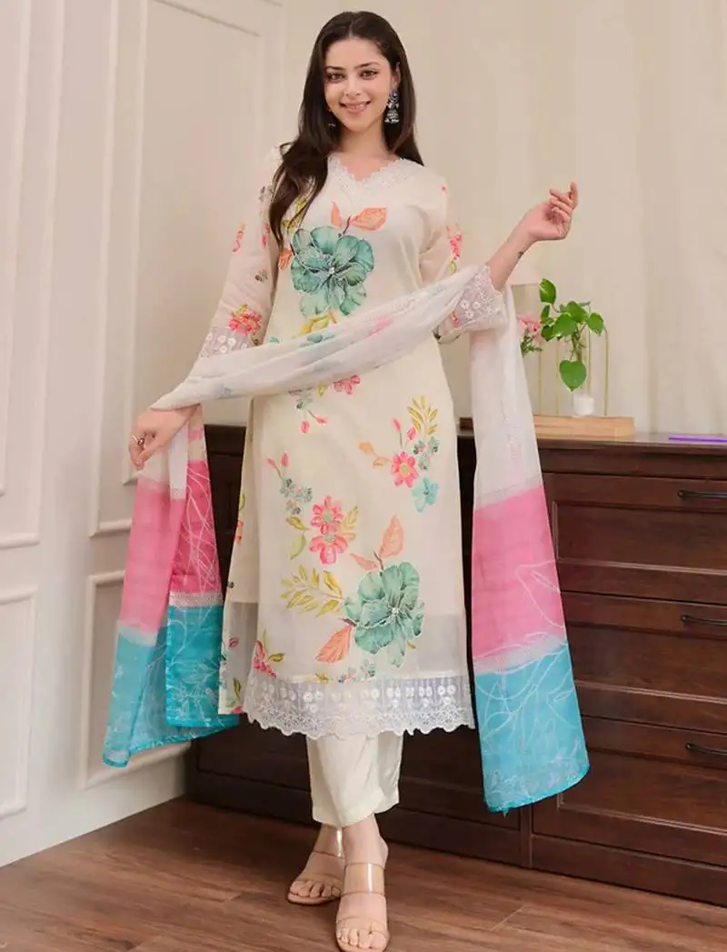 Cream naylon taby print with thread embroidery work kurta pant set