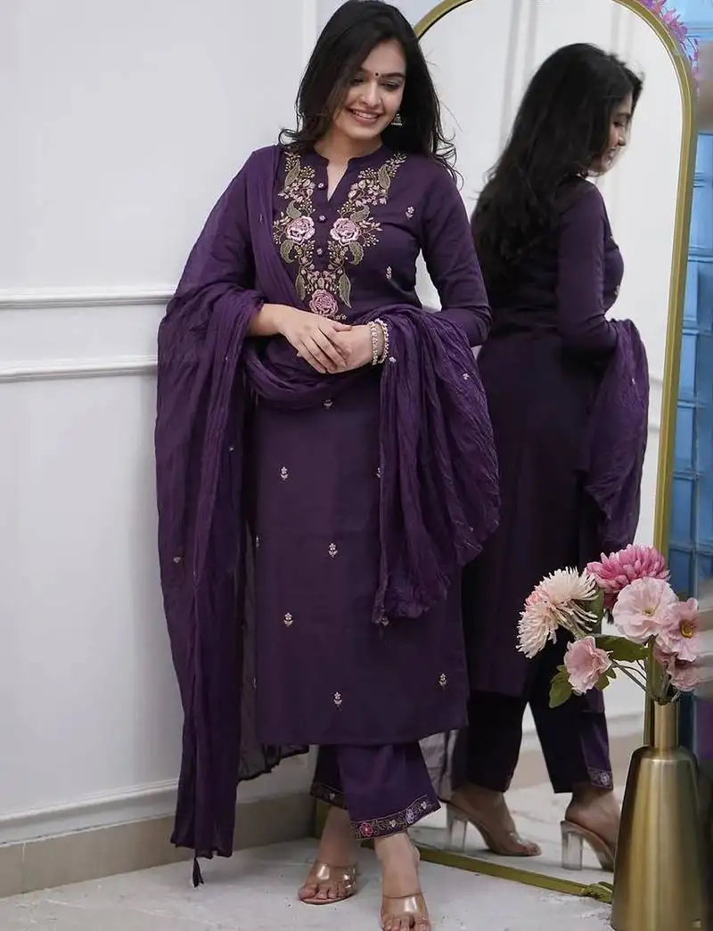 Purple rayon heavy thread embroidery work kurta pant set