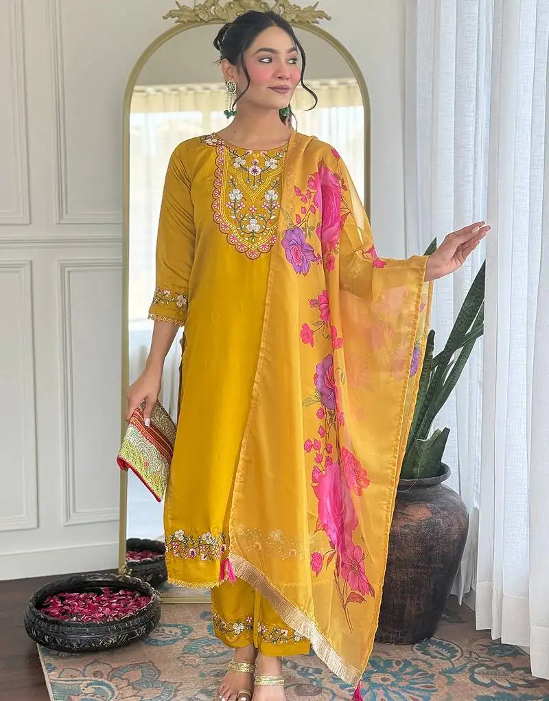 Yellow chanderi heavy thread embroidery work with digital printed dupatta kurta pant set