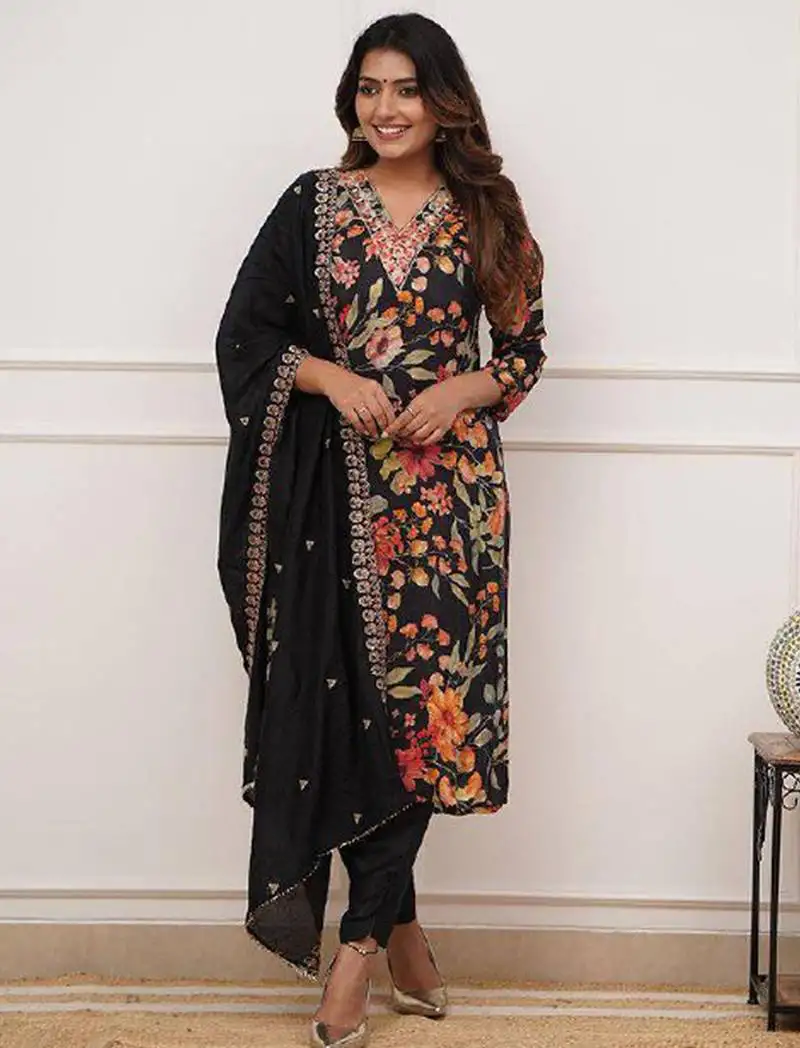 Black russian silk print with thread embroidery work kurta pant set