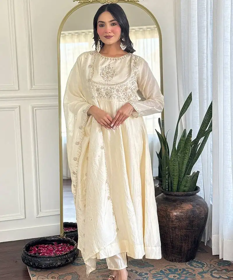 Cream vichitra silk heavy thread embroidery sequins work kurta pant set