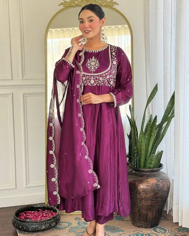 Purple vichitra silk heavy thread embroidery sequins work kurta pant set