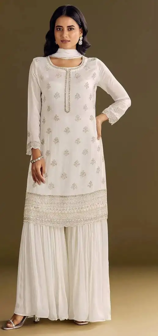 White embroidered chinon semi-stitched palazzo style salwar suit semi stitched