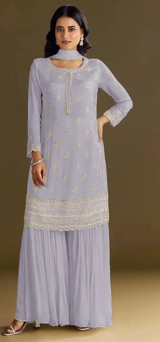 Light purple embroidered chinon semi-stitched palazzo style salwar suit semi stitched