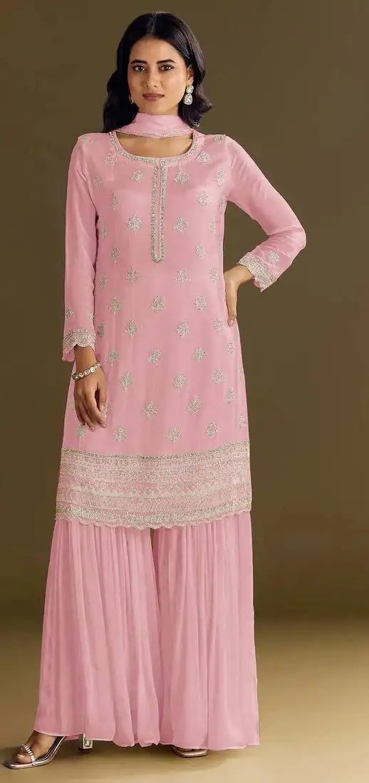 Baby pink embroidered chinon semi-stitched palazzo style salwar suit semi stitched