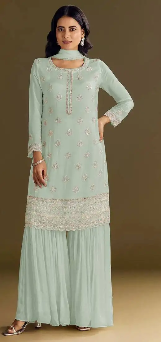 Light green embroidered chinon semi-stitched palazzo style salwar suit semi stitched