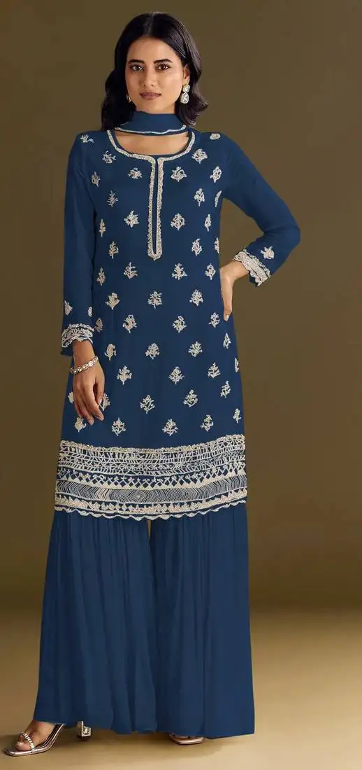Blue embroidered chinon semi-stitched palazzo style salwar suit semi stitched