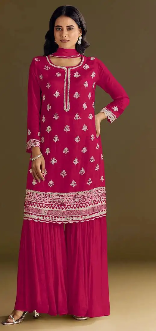 Red embroidered chinon semi-stitched palazzo style salwar suit semi stitched