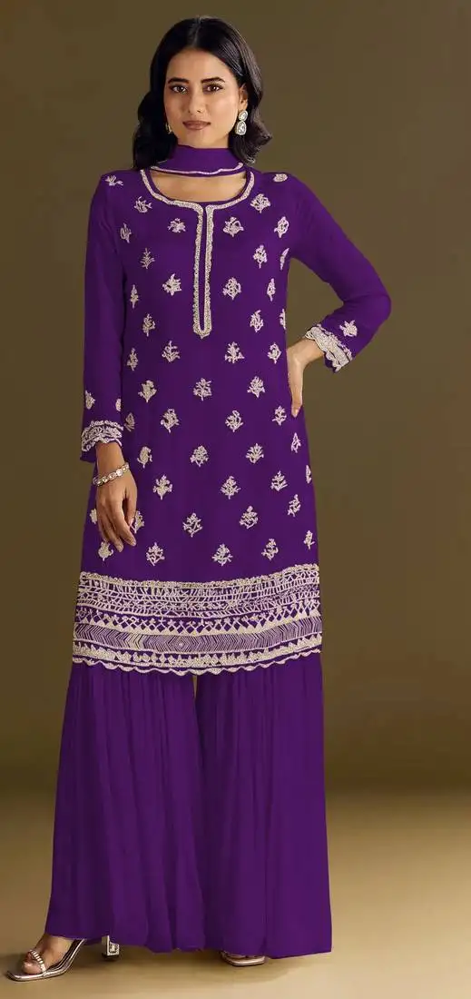 Purple embroidered chinon semi-stitched palazzo style salwar suit semi stitched