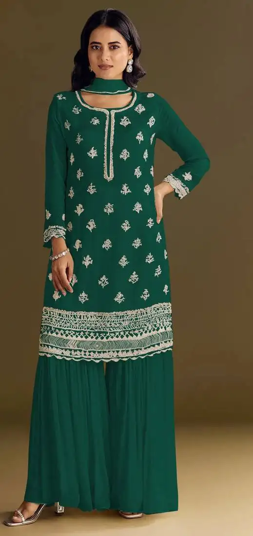 Green embroidered chinon semi-stitched palazzo style salwar suit semi stitched