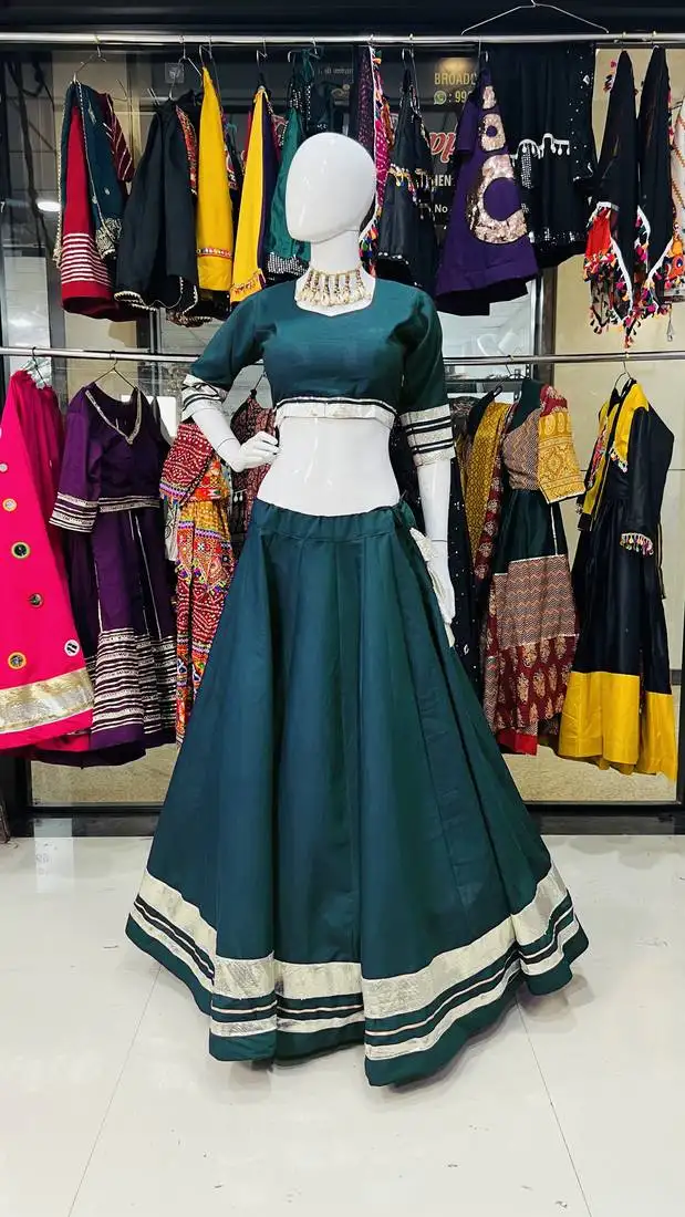 Traditional roman silk teal gota lace lehenga choli for garba nights