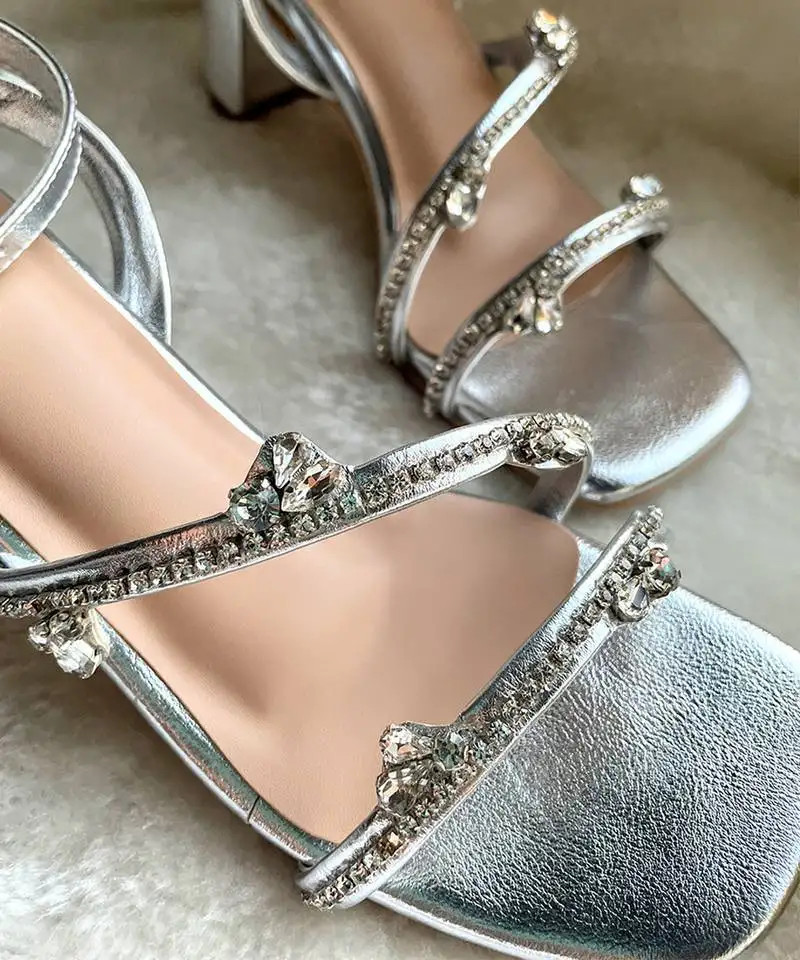 Silver solid leather heels