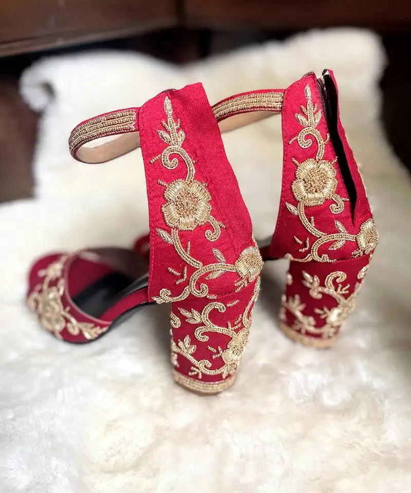 Red woven textile heels