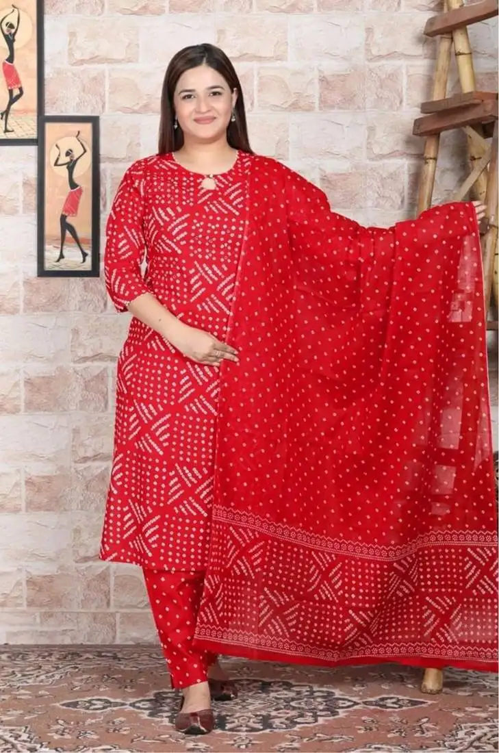 Women's cotton febric hand block red bandhej printed straight kurti pant with dupatta set