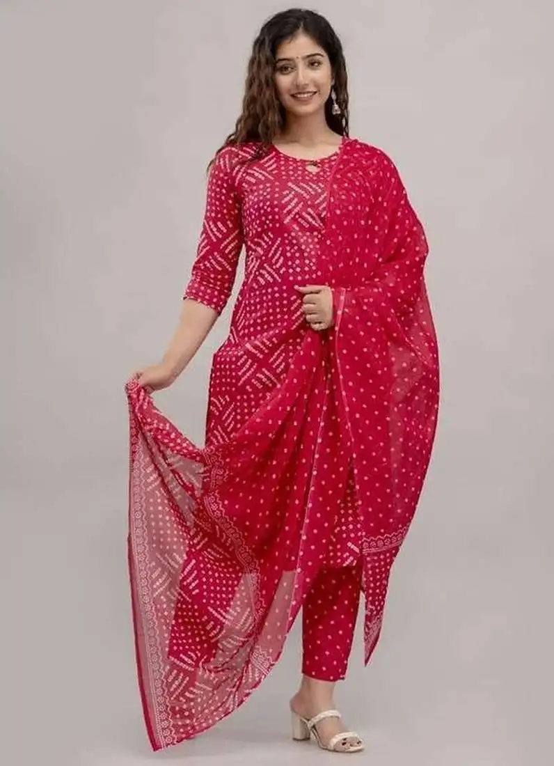 Women's cotton febric hand block rani pink bandhej printed straight kurti pant with dupatta set