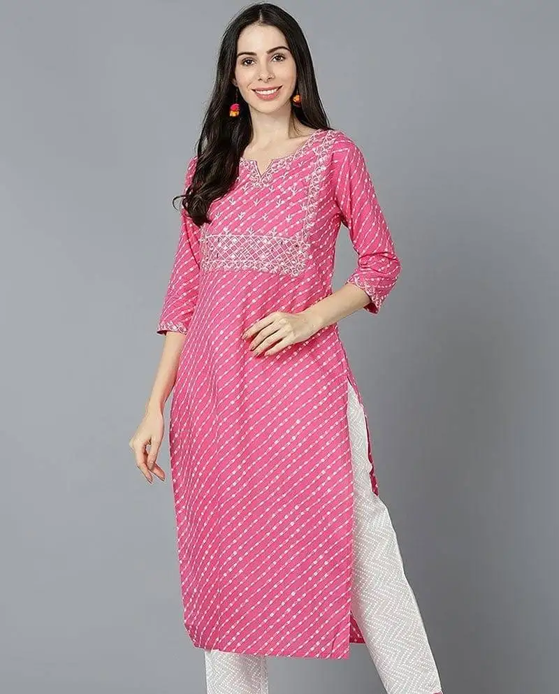 Women pink cotton leheriya embroidered straight kurta
