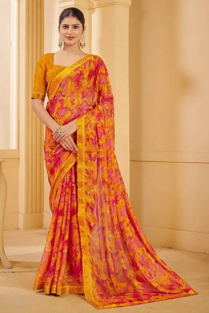 Yellow pink digital floral print chiffon banarsi border saree with unstitch blouse