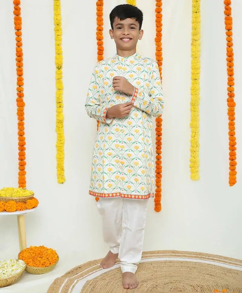 Ivory white with yellow marigold and green parrot printed ::Organic cotton ::Kurta and pyjama set