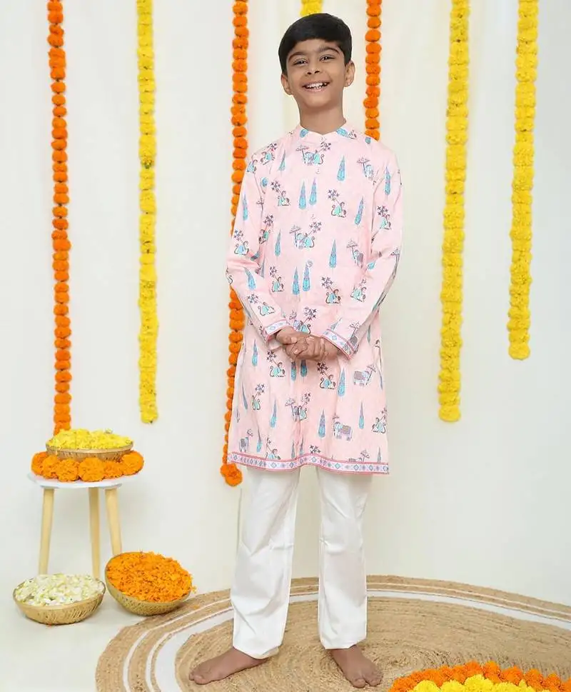 Pastel pink and blue kurta with monkey and elephant printed::Organic organic cotton::Kurta and pyjama set