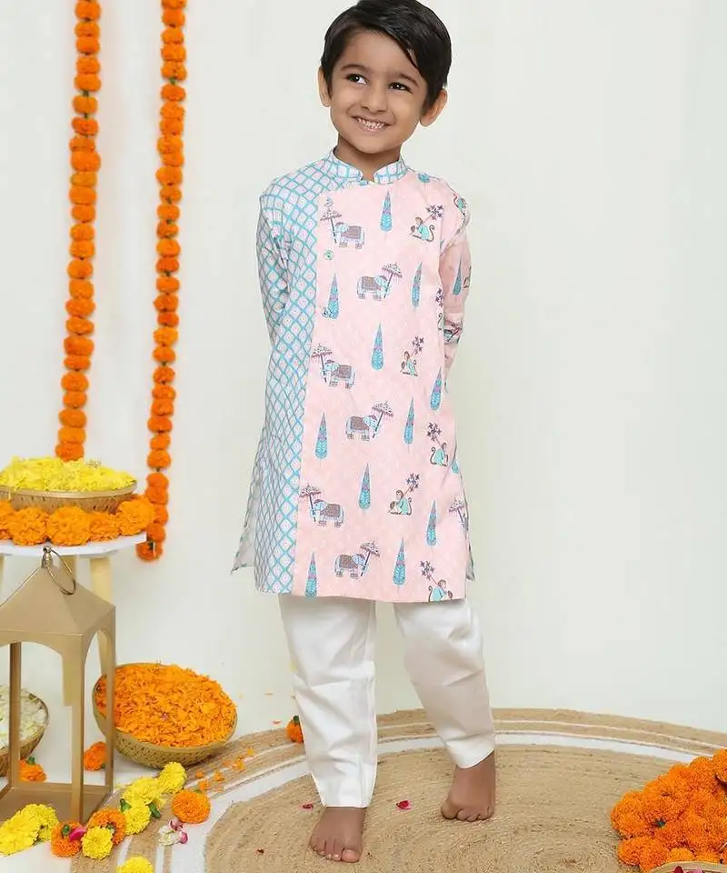 Pastel blue assymeteric kurta withmonkey and elephant print:: assyemetric kurta and pyjama::Organic cotton