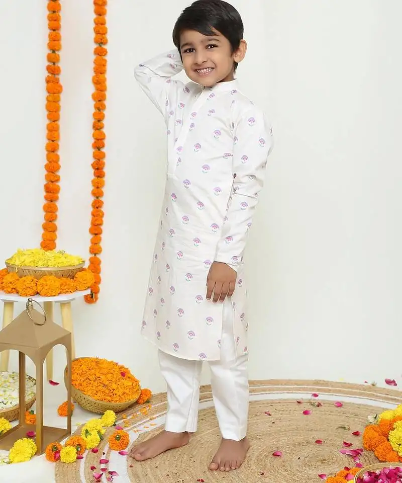 Ivory white with pastel floral print::Bandi, kurta and pyjama::Organic cotton