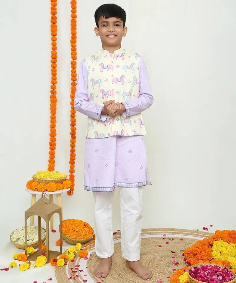 Purple and butter yellow carasouel printed::Bandi , kurta, pyajama set::Organic cotton