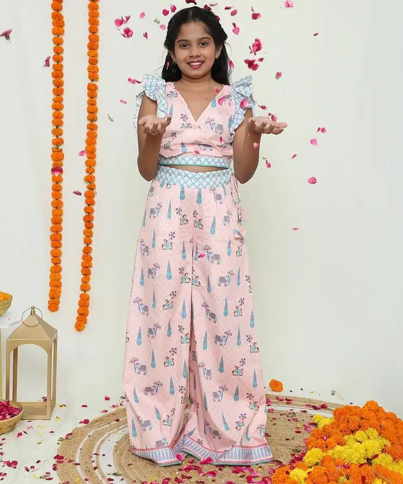 Pink palazzo and crop top ::Organic cotton with lace detailing and handmade latkans