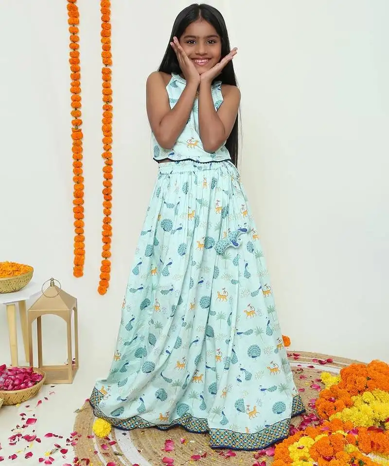Mint green with peacock print lehenga with halter neck blouse organic cotton