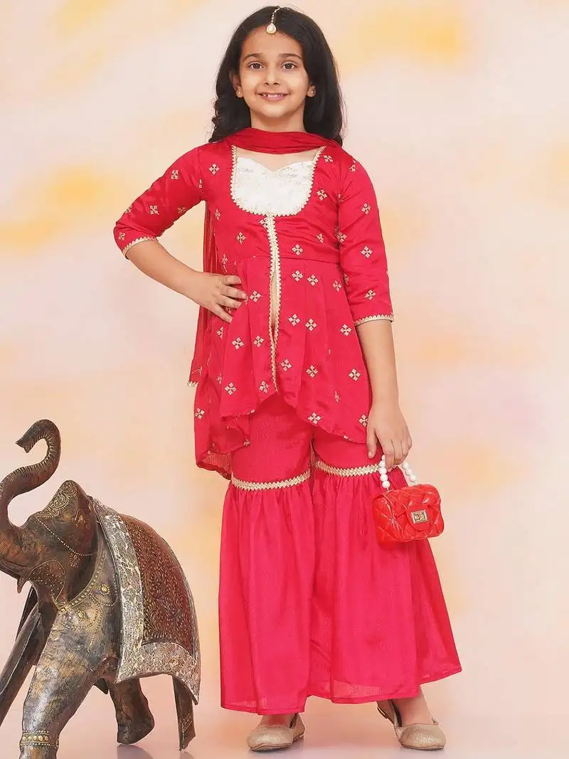 Red embroidered silk kurti with sharara set for girls