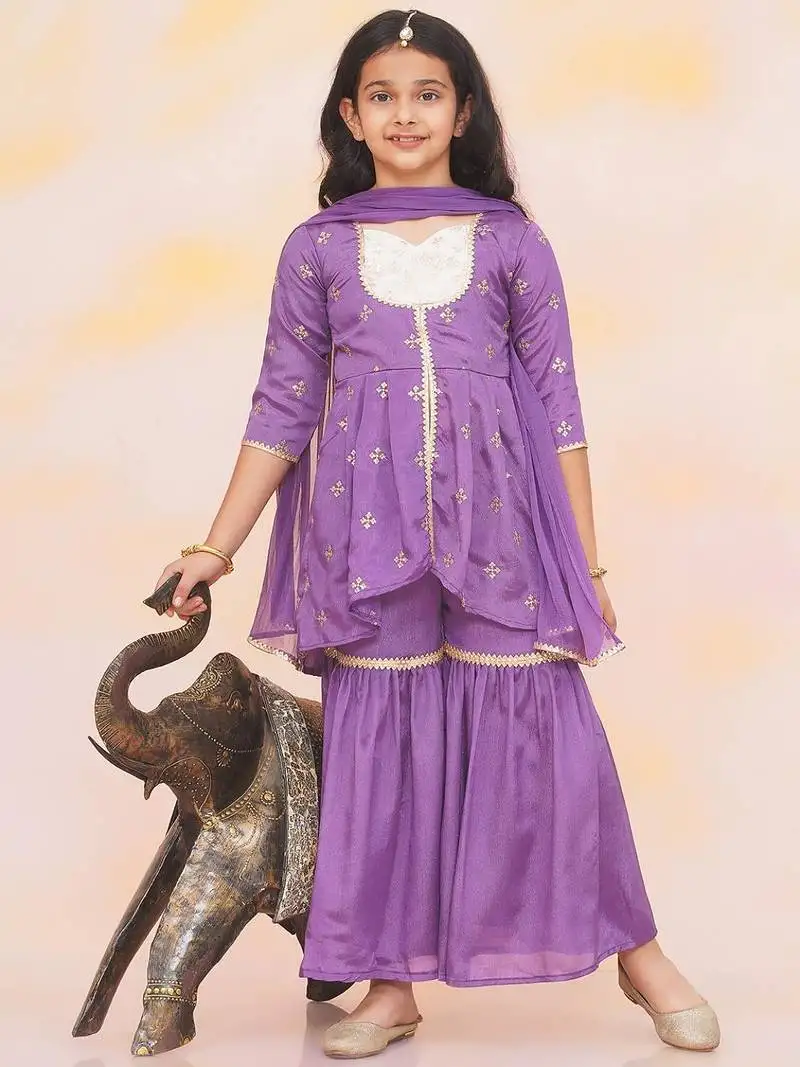 Purple embroidered silk kurti with sharara set for girls