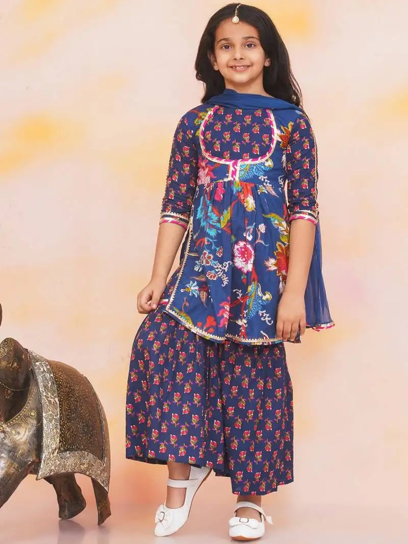 Blue printed cotton naaz kurti sharara set for girls