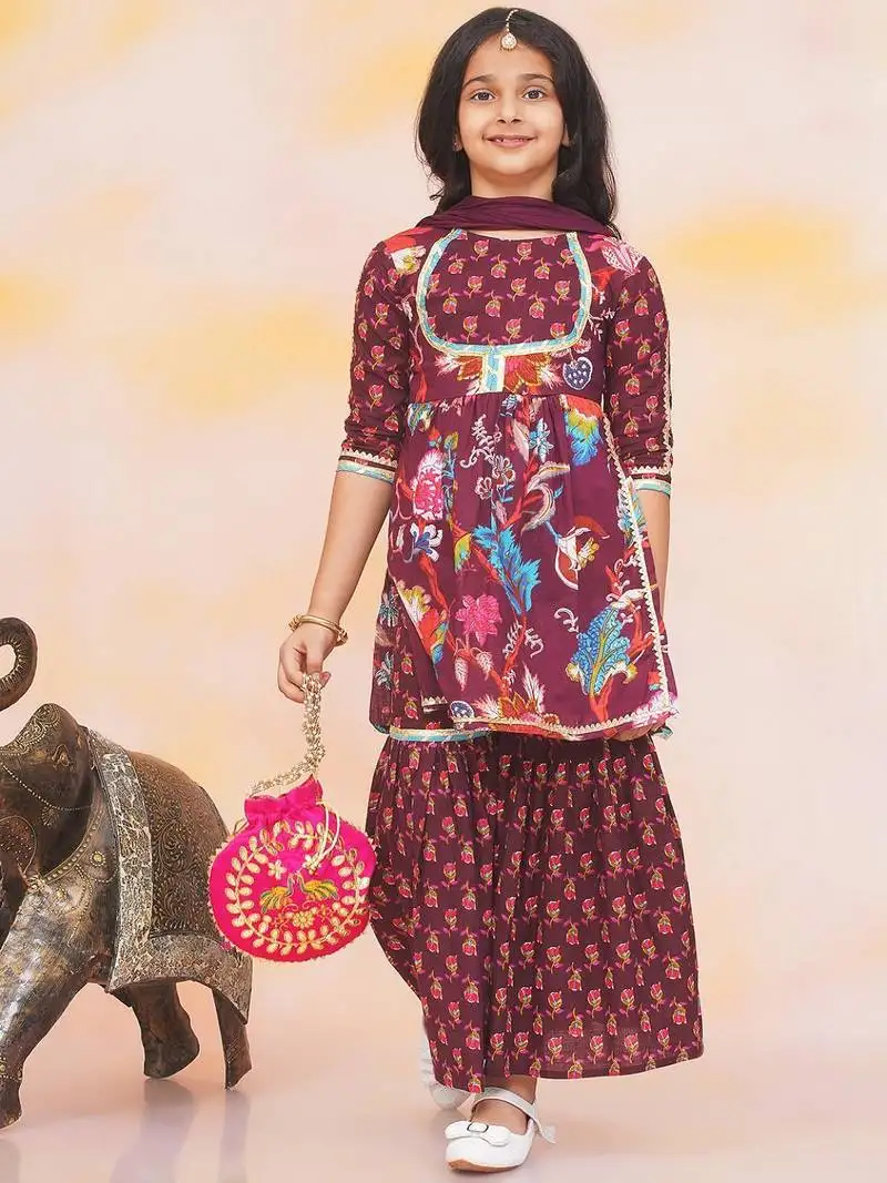 Wine printed cotton naaz kurti sharara set for girls