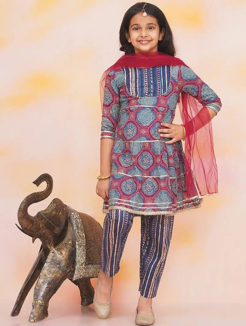 Blue-multi printed cotton kurti with pants and dupatta for girls