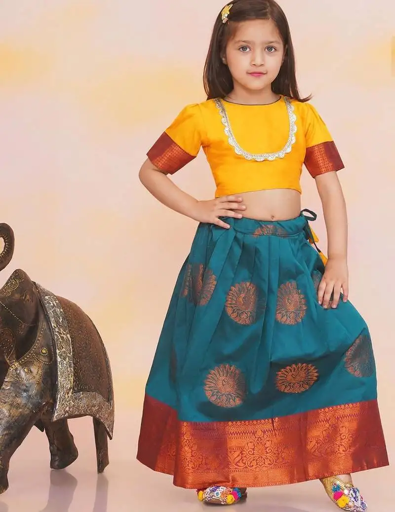 Yellow plain silk jacquard pattu pavdai for girls