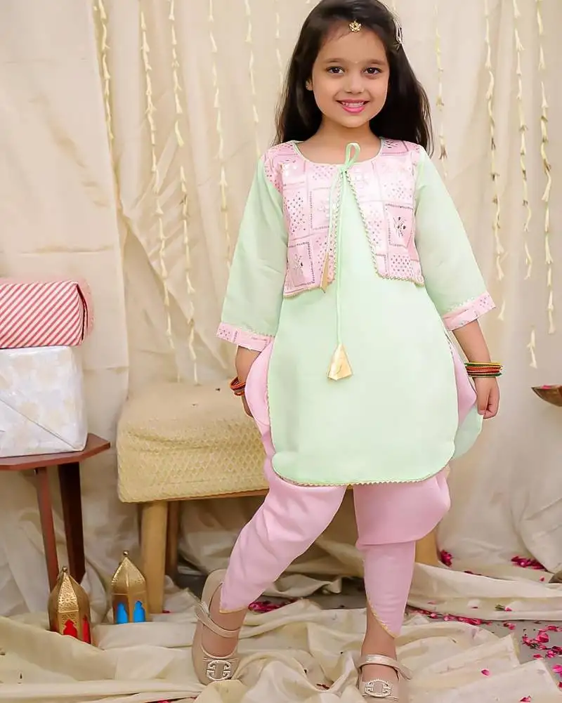 Pink-green embroidered silk kaanchi kurti dhoti set for girls