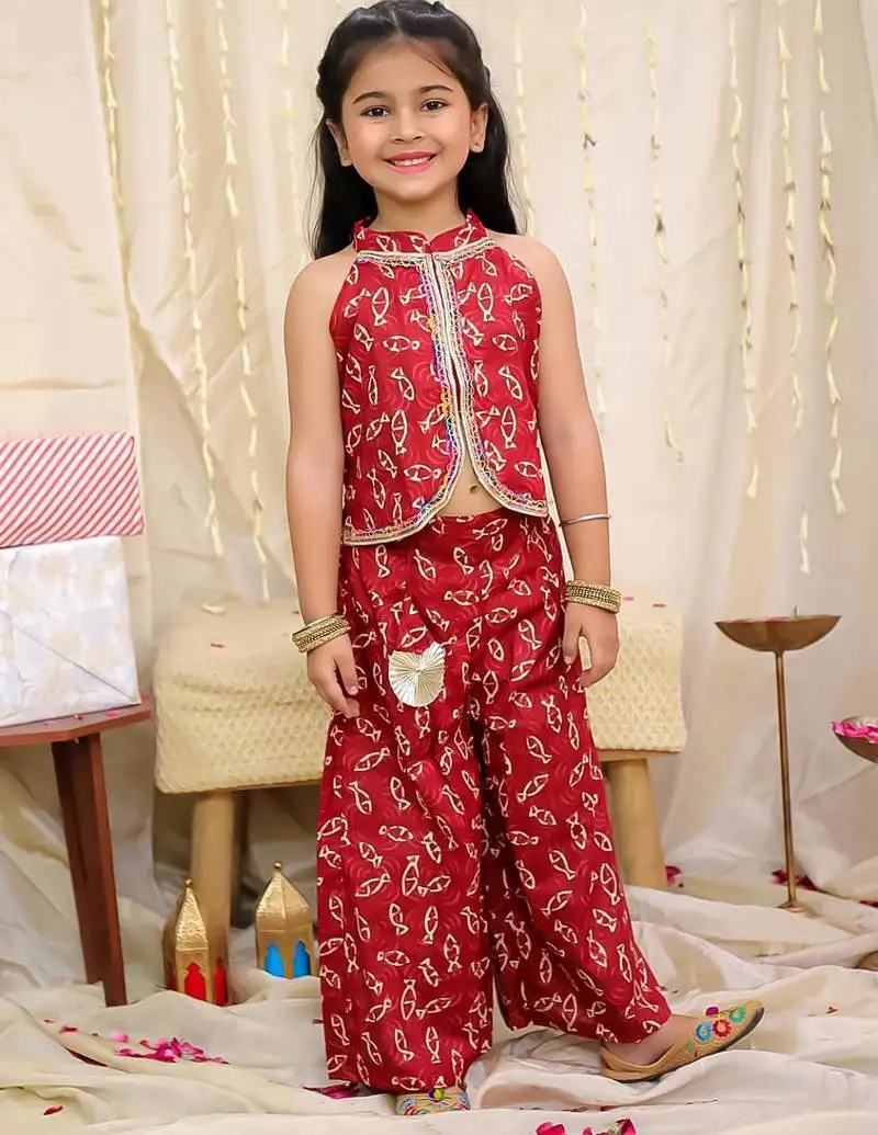 Maroon printed cotton jaltarang top palazzo set for girls