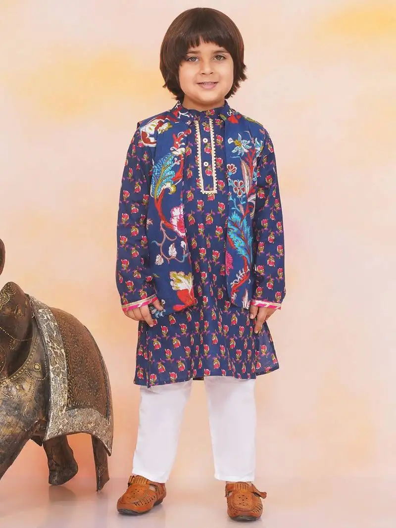Navy printed cotton nawab long jacket kurta set for boys