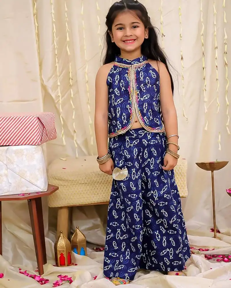 Navy printed cotton jaltarang top palazzo set for girls