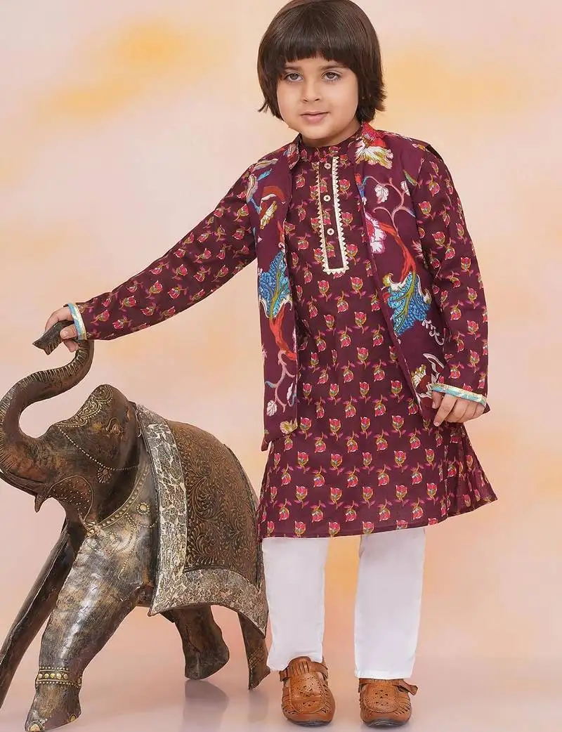 Wine printed cotton nawab long jacket kurta set for boys