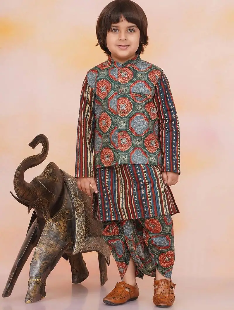 Green-multi printed cotton floral jacket with motif printed kurta and dhoti set for boys