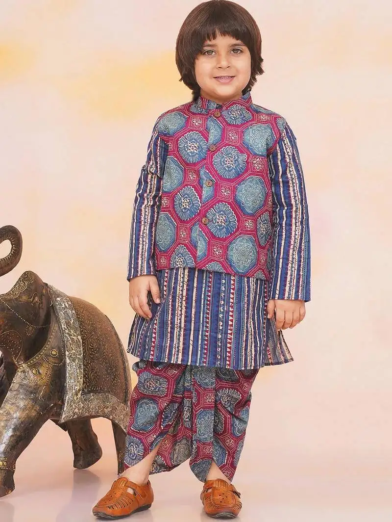 Blue-multi printed cotton floral jacket with motif printed kurta and dhoti set for boys