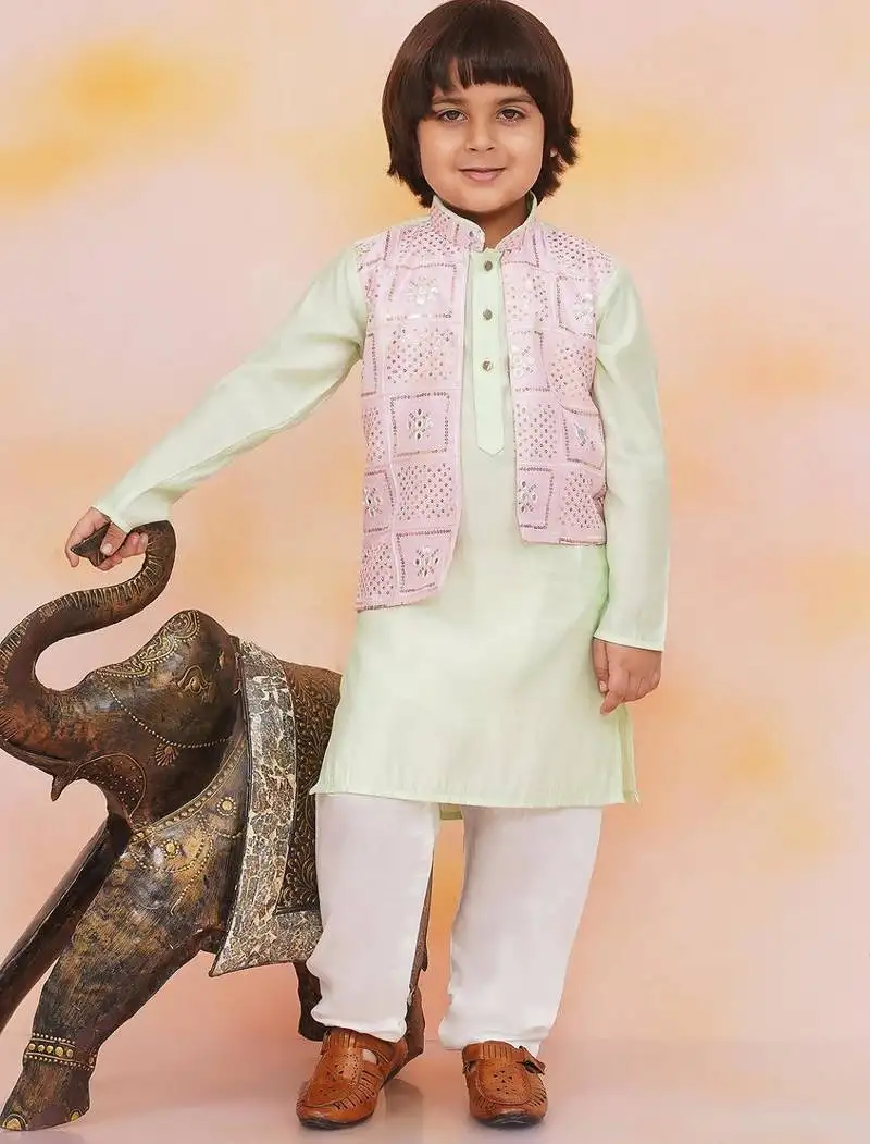 Pink-green mirror work silk kaancha jacket kurta pyjama set for boys