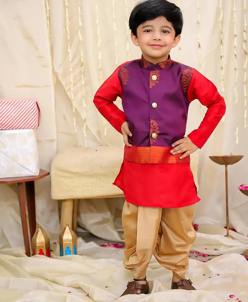 Purple-red printed silk attached silk jacket kurta with dhoti for boys